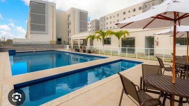 A swimming pool with a tiled deck, surrounded by a fence and palm trees.