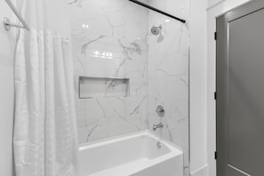 Hair dryer, towels, soap, shampoo