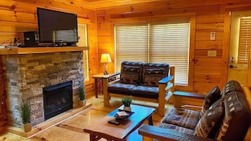 Smart TV, fireplace, foosball