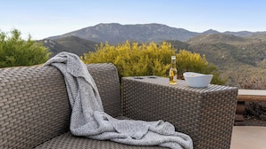 A wicker sofa with a blanket, a bowl, and a bottle on a table with a mountain view in the background.