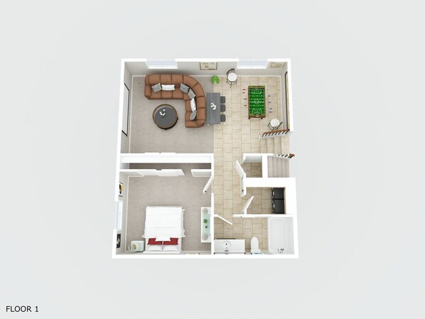 A 2-bedroom apartment layout with a living room, kitchen, and a small balcony.