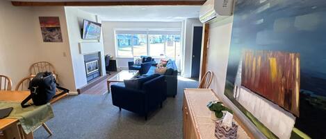 Smart TV, fireplace, books