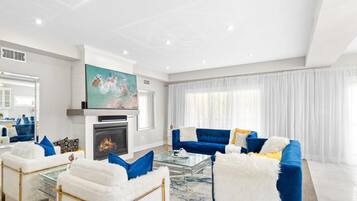 Smart TV, fireplace, books