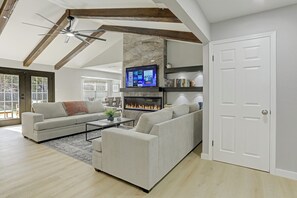Smart TV, fireplace, computer monitors