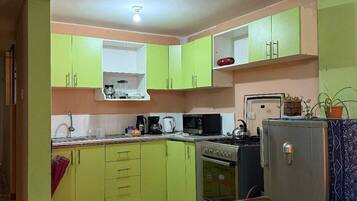 Fridge, microwave, dishwasher, coffee/tea maker