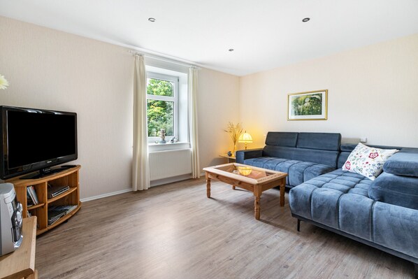 A living room with a television, sofa, coffee table, and a window with curtains.