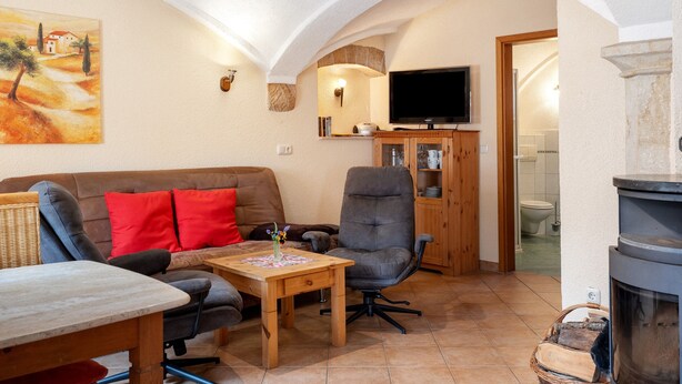 A living room with a sofa, armchair, table, TV, fireplace, and a painting on the wall. - Holiday Apartment '2' with Shared Terrace, Shared Garden and Wi-Fi (Hohnstein)