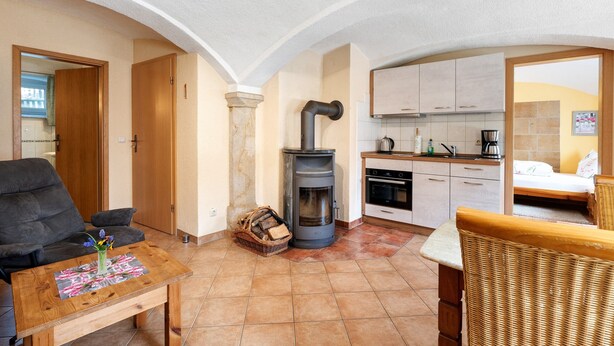 Un espacio de sala acogedor con un sofá, una mesa de centro de madera, una silla de mimbre, una chimenea, una cocina con armarios y una cama con un almohadón.