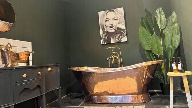 A bathroom with a freestanding bathtub, a sink with a mirror, and a potted plant.