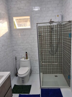 Shower, hair dryer, towels, toilet paper