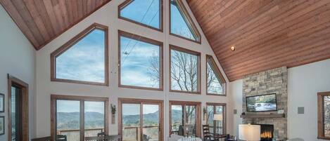 Smart TV, fireplace, DVD player, books