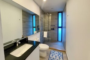 Hair dryer, towels, soap, shampoo