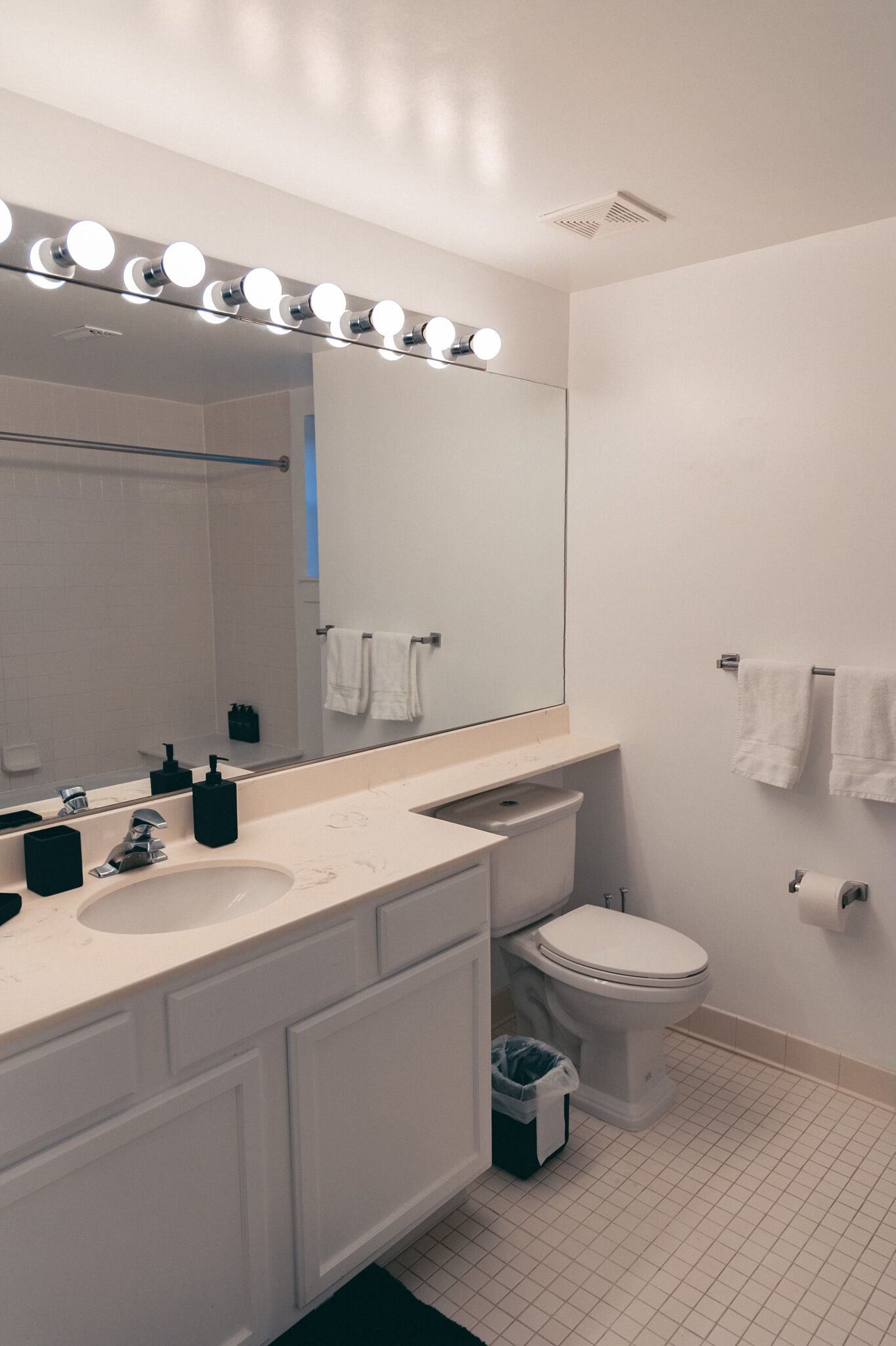 Hair dryer, towels, soap, toilet paper