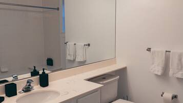 Hair dryer, towels, soap, toilet paper