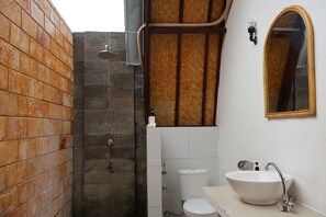 Une salle de bain avec douche, toilettes et lavabo.