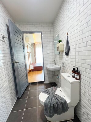 Secadora de cabello, bidet, toallas, jabón