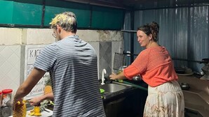 A kitchen with a metal roof, green walls, and a tiled backsplash. - The Chill House (Kochi)
