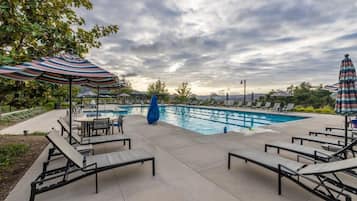 Outdoor pool, pool umbrellas, sun loungers