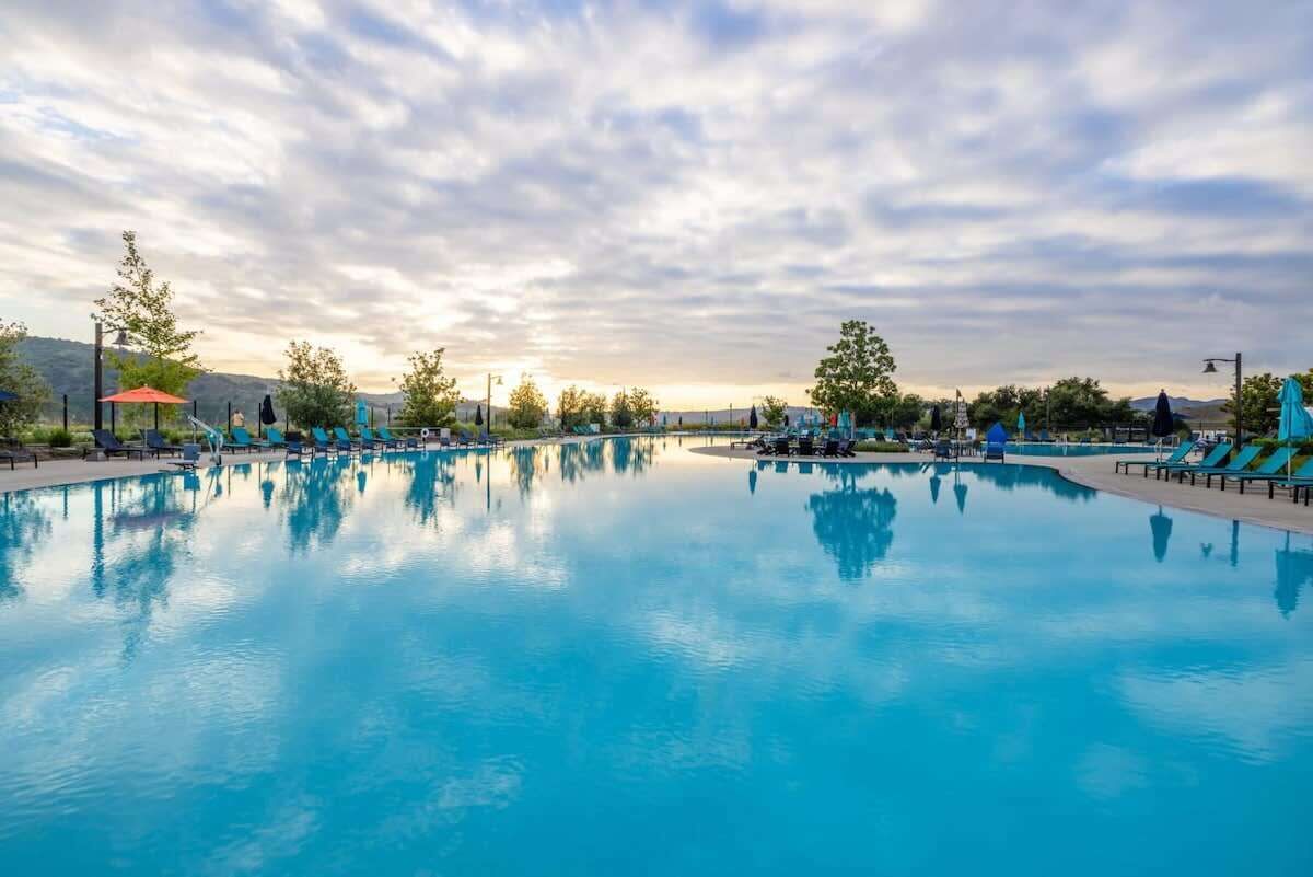 Outdoor pool, pool umbrellas, pool loungers