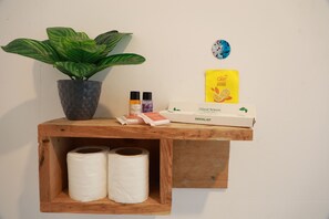 A wooden shelf with a potted plant, dental care items, and a box labeled "Dental Kit". - Silent waves (Canacona)
