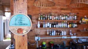 A wooden sign with a welcome message, a wooden post, and a bar area with shelves of bottles in the background. - Silent waves (Canacona)