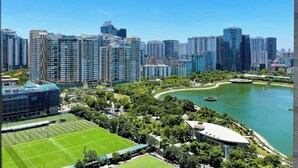 Eine Stadtansicht mit Wolkenkratzern, einem Park mit einem See und einem Sportplatz.