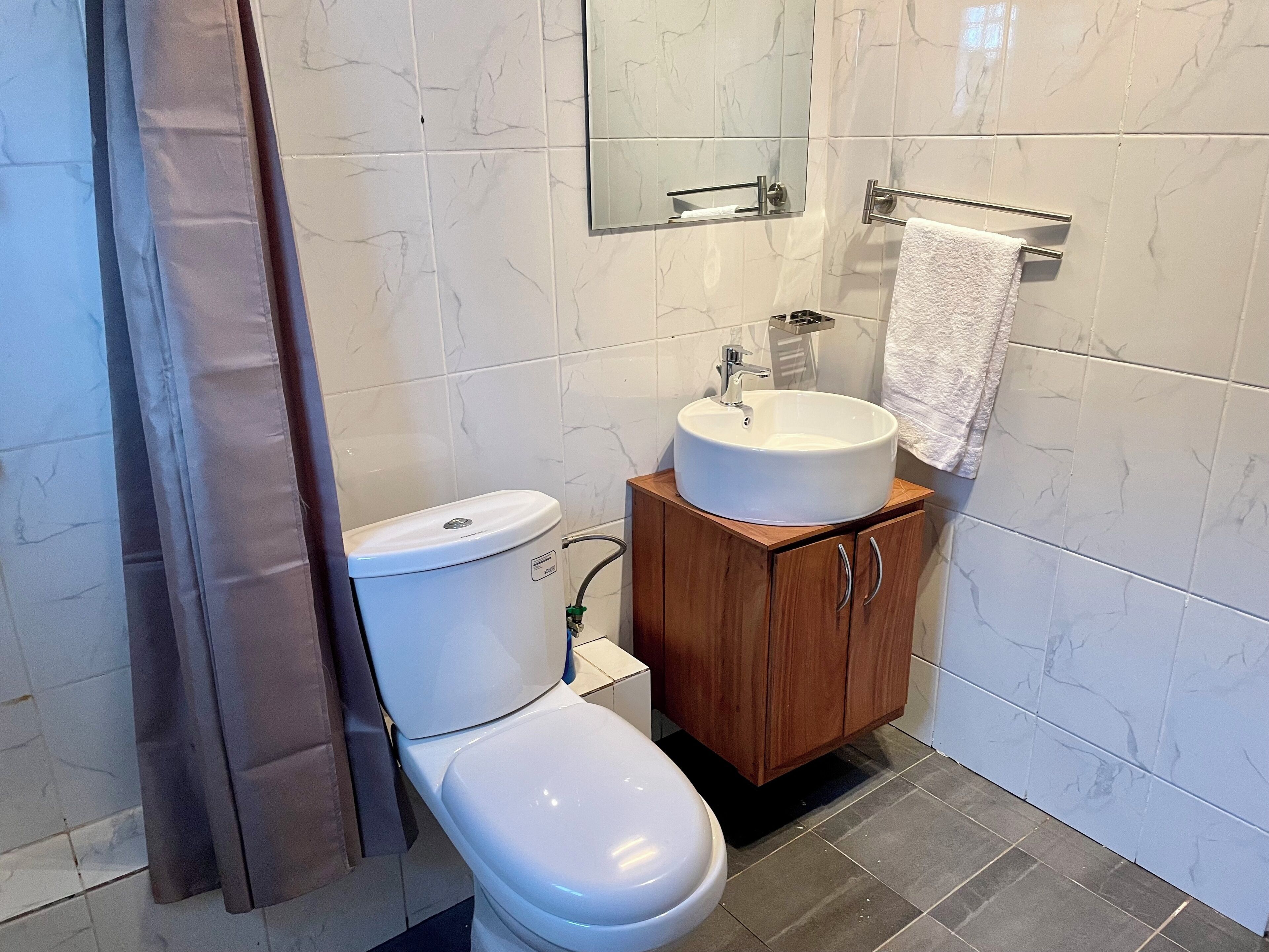 Un baño moderno con inodoro, lavabo y armario de madera.