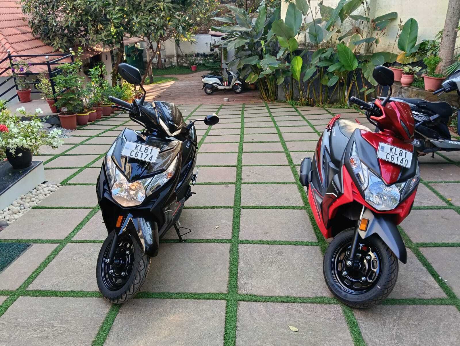 Two motorcycles parked on a paved area with a grid pattern, surrounded by potted plants and a small garden.