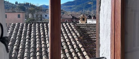 A view through a window with a tiled roof and a clear blue sky.