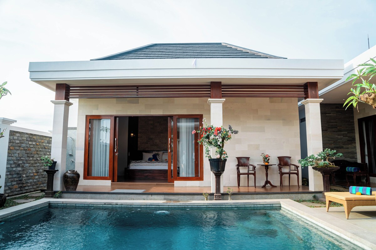 A modern house with a swimming pool, a patio with chairs, and a bed visible through the open door.