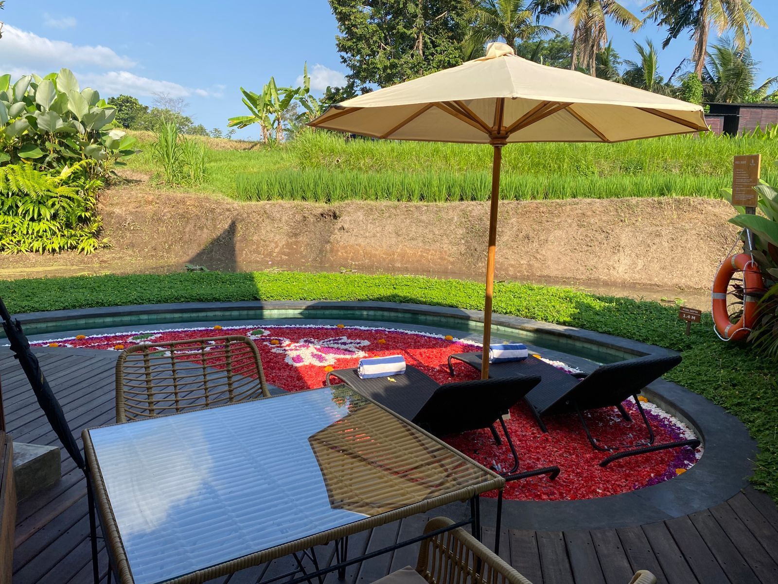 Un área de piscina con mesa de vidrio, sillas de lounge y una sombrilla.