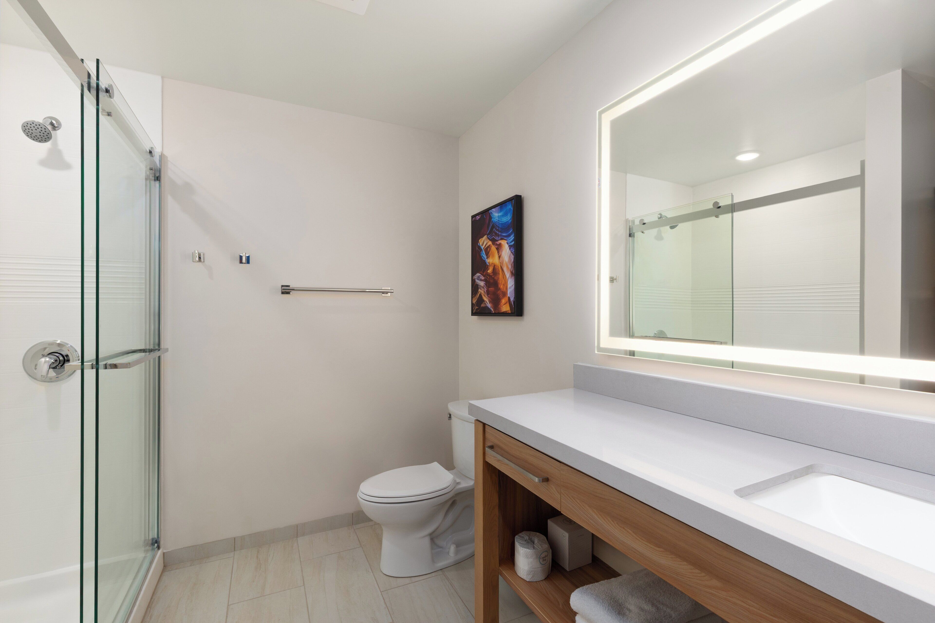 A modern bathroom with a glass-enclosed shower, a white toilet, and a large mirror above a white sink.