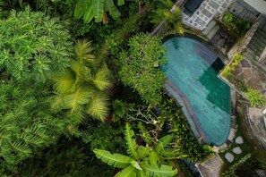An aerial view of a lush garden with a swimming pool surrounded by dense foliage and stone structures. - Darma Asih Ubud View Villas by EPS (Ubud)