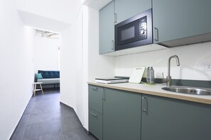 Kühlschrank, Mikrowelle, Herdplatte, Kochgeschirr/Geschirr/Besteck