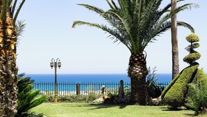 Ein gepflegter Garten mit Palmen, einem ordentlich geschnittenen Hecken und Blick aufs Meer.