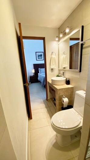 Shower, hair dryer, towels