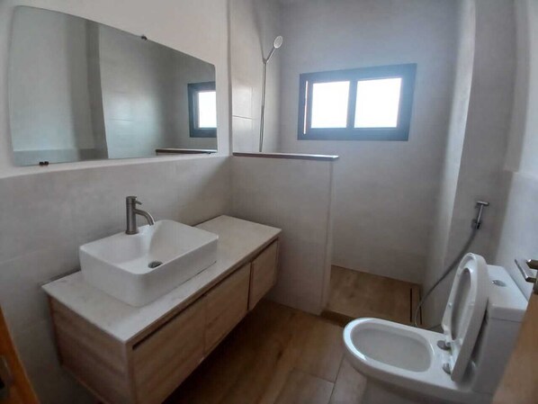 Shower, towels, soap, toilet paper