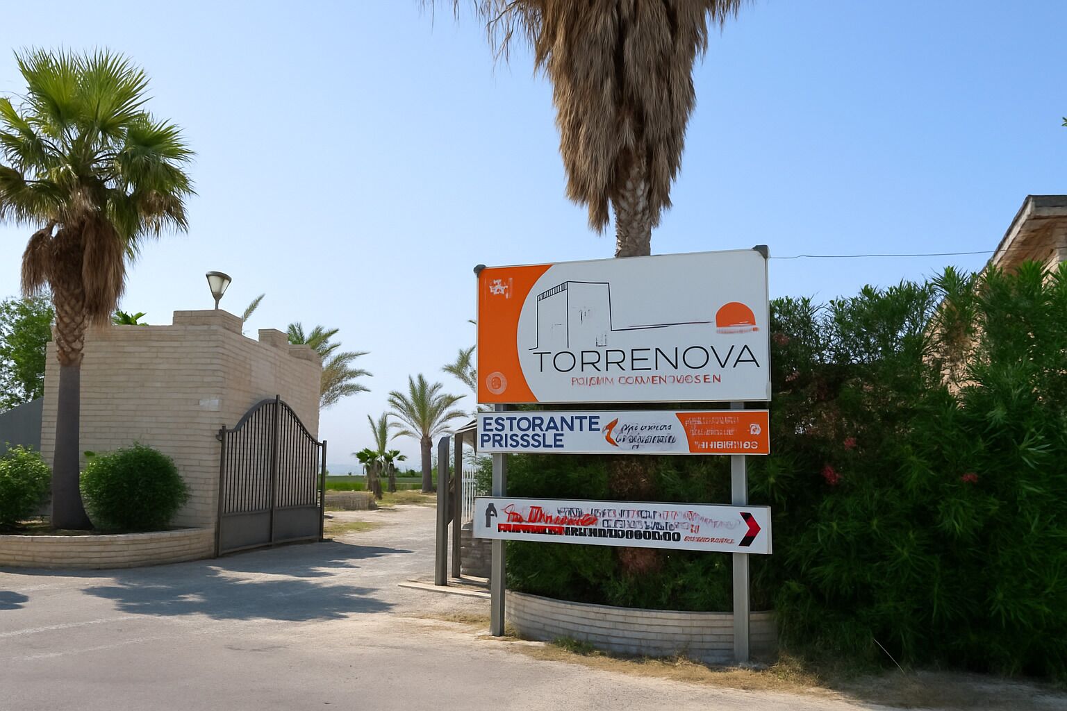 Ein Schild für Torrenvia mit einem Restaurant und Parkplatz.