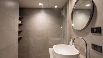 Shower, hair dryer, bidet, towels
