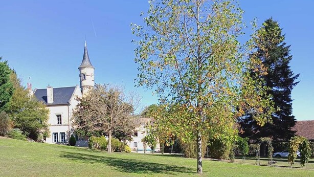 Un extenso campo cubierto de hierba con un edificio histórico que destaca por su torre y una iglesia al fondo.