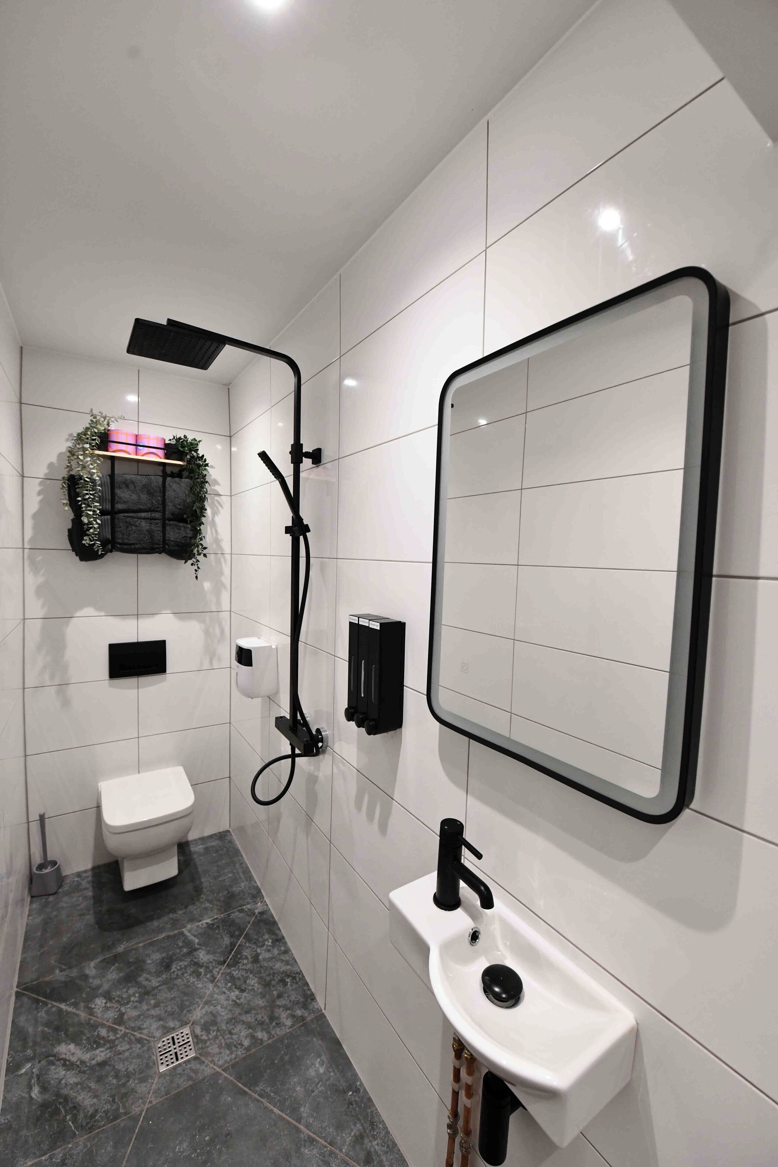 Shower, eco-friendly toiletries, hair dryer, towels