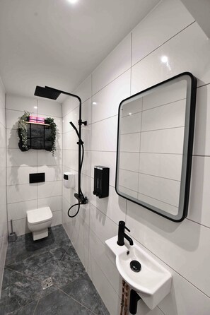 Shower, eco-friendly toiletries, hair dryer, towels