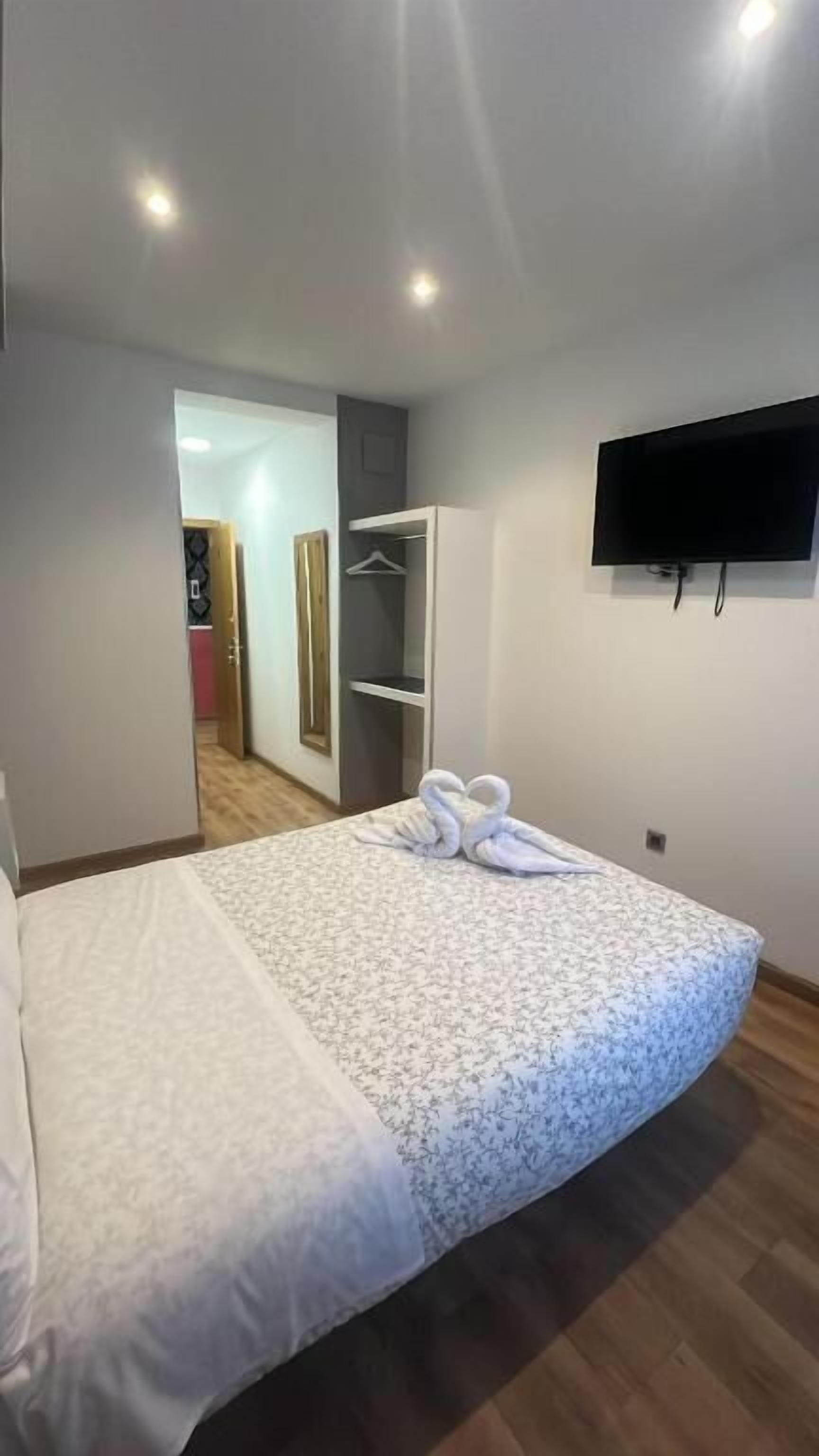 A bedroom with a bed, a TV mounted on the wall, and a walk-in closet.