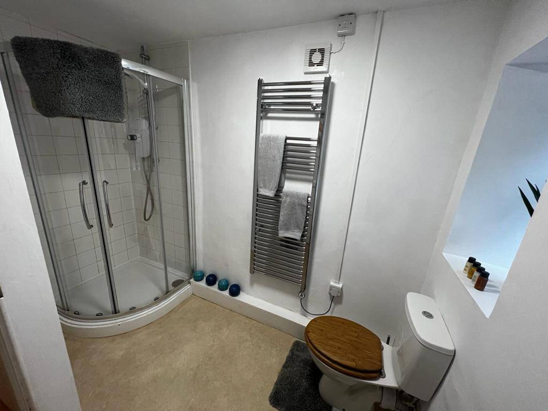 A bathroom with a glass shower enclosure, a towel rack, a toilet, and a small shelf with toiletries.