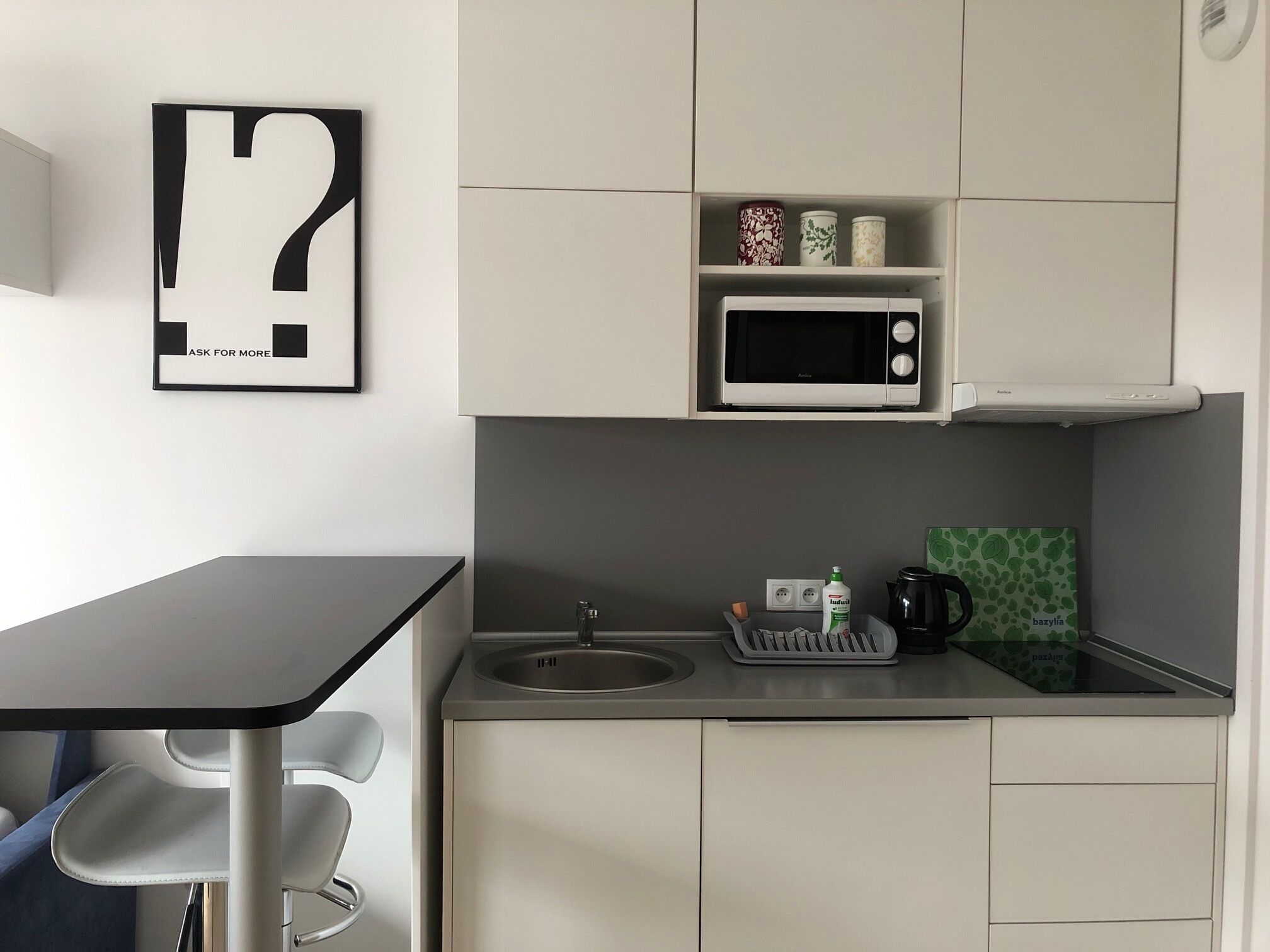 Una cocina compacta con microondas, fregadero y cafetera. Hay un cuadro enmarcado en la pared y un estante con adornos.