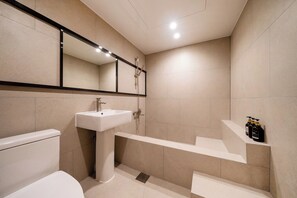 Hair dryer, bathrobes, slippers, towels