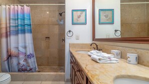 Shower, hair dryer, towels