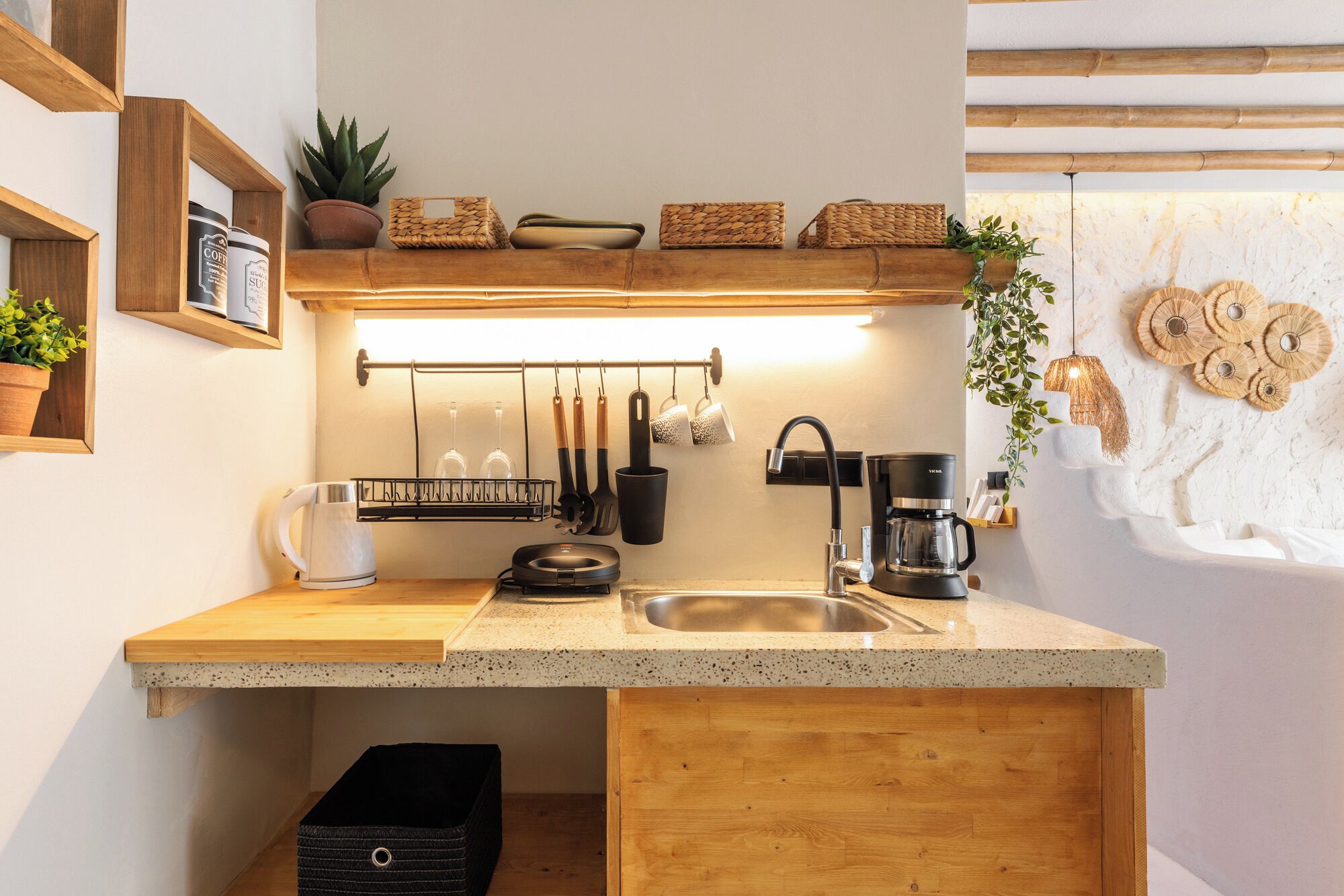 Una cocina compacta con encimera, lavabo y diferentes utensilios. Hay plantas en macetas y objetos decorativos en estantes.