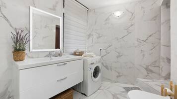 Shower, hair dryer, towels