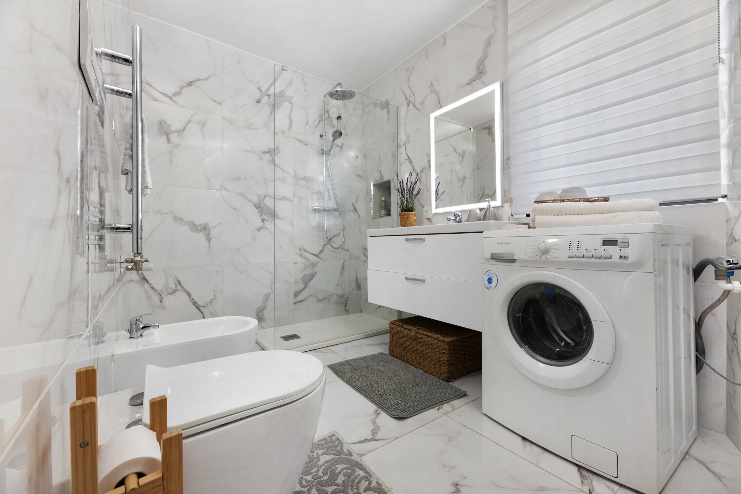 Shower, hair dryer, towels